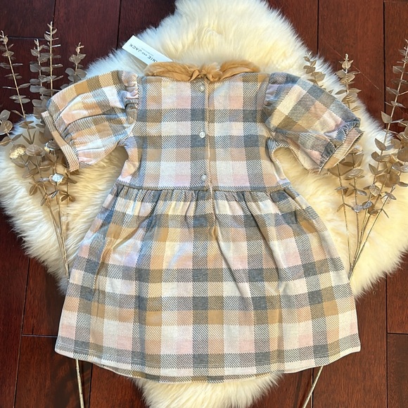 NWT Janie and Jack beige gray cream tartan faux fur party occasion holiday dress - Picture 3 of 3